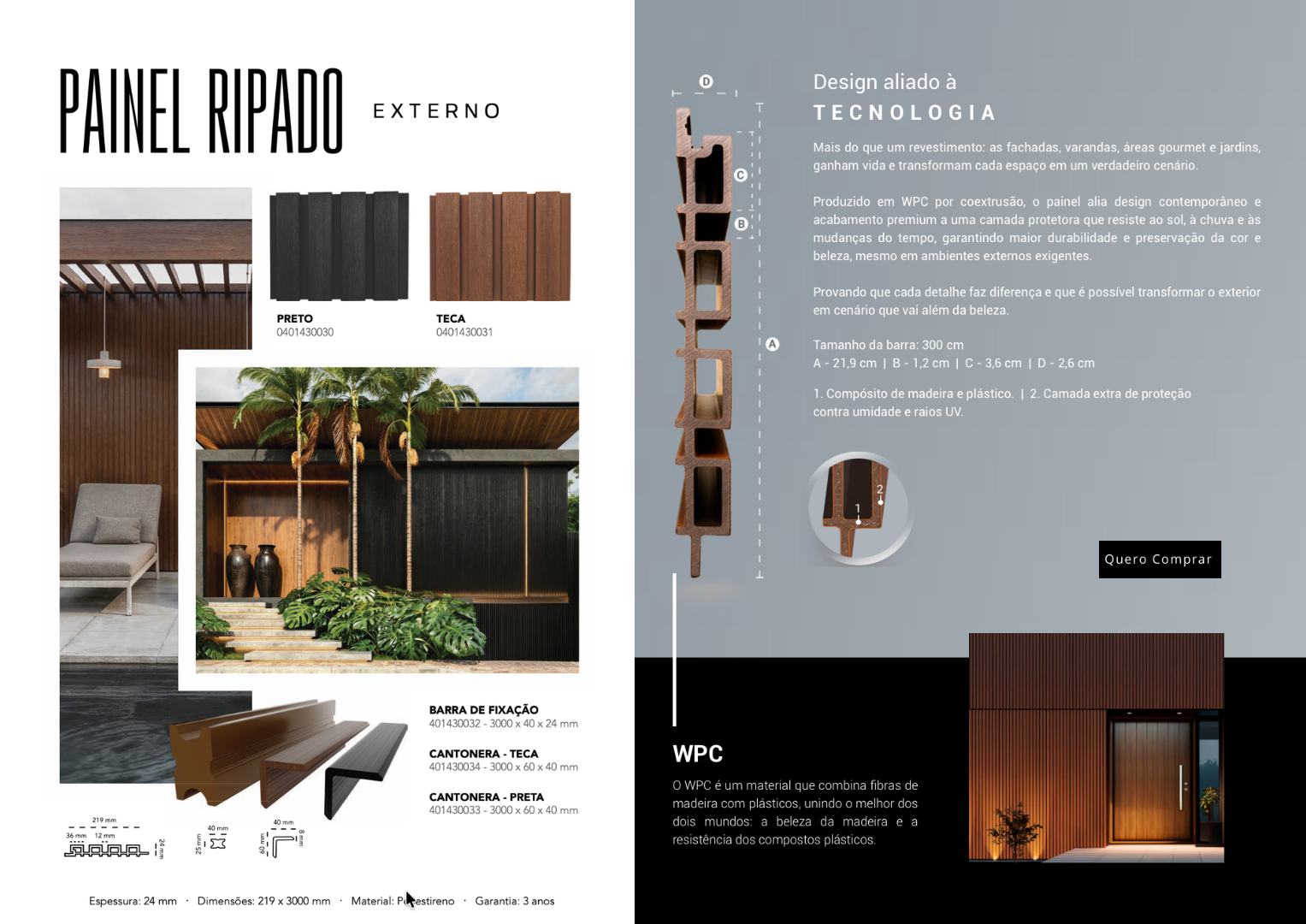 Painel ripado externo WPC Finottato Teca 3m — resistência UV, impermeável, zero manutenção