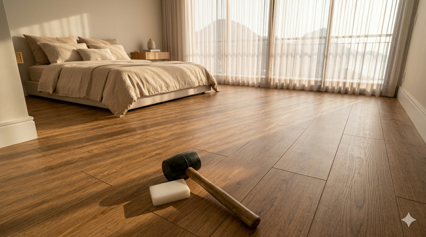 Piso vinílico click LVP amadeirado instalado em quarto de apartamento no Rio de Janeiro