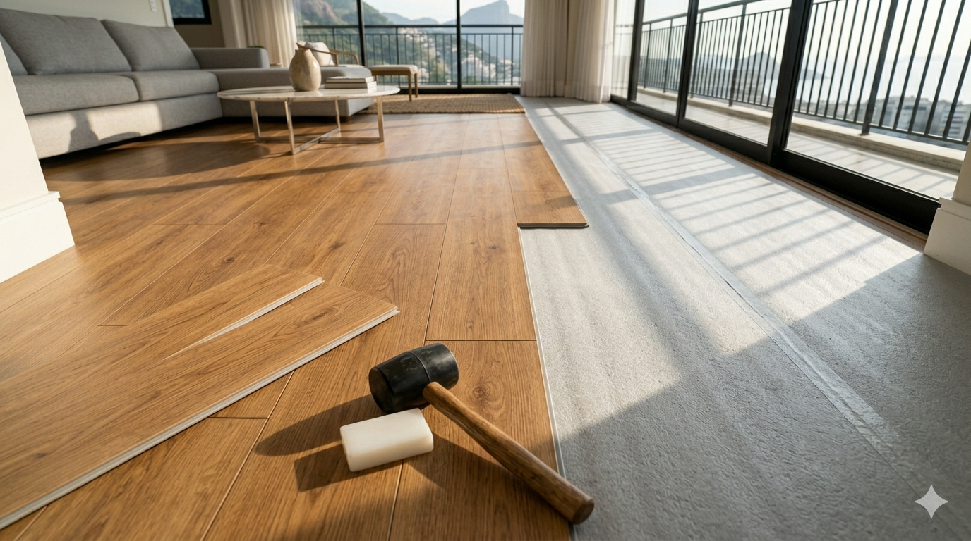 Detalhe do sistema de encaixe click-lock do piso vinílico LVP — mecanismo tongue and groove