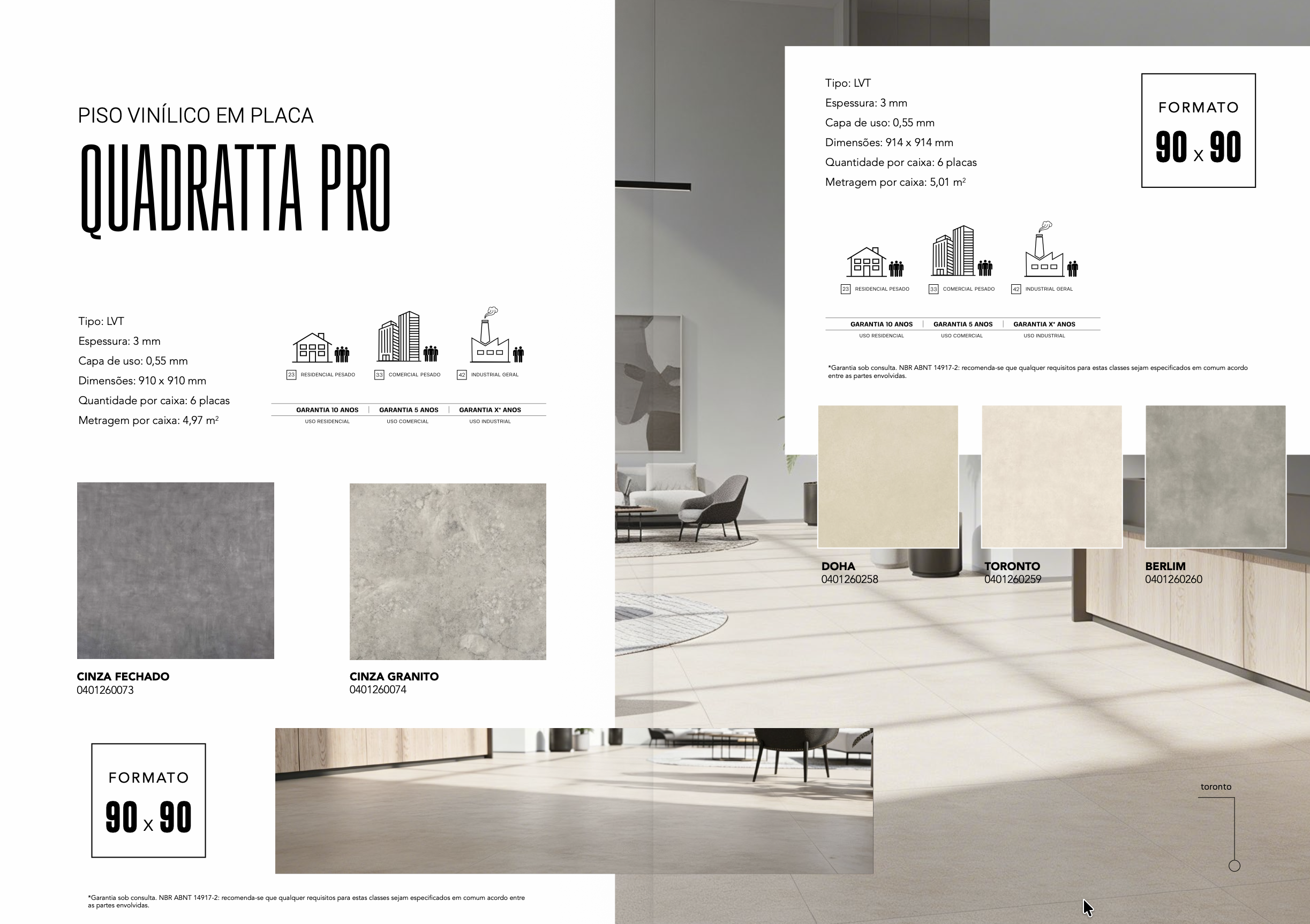Piso vinílico LVT placa Finottato Quadratta Pro Bege Cidade 401260255 3mm colado 910x910mm bege claro travertino cimento