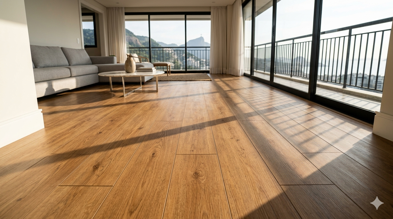 Piso vinílico click LVP instalado em sala de estar de apartamento no Rio de Janeiro