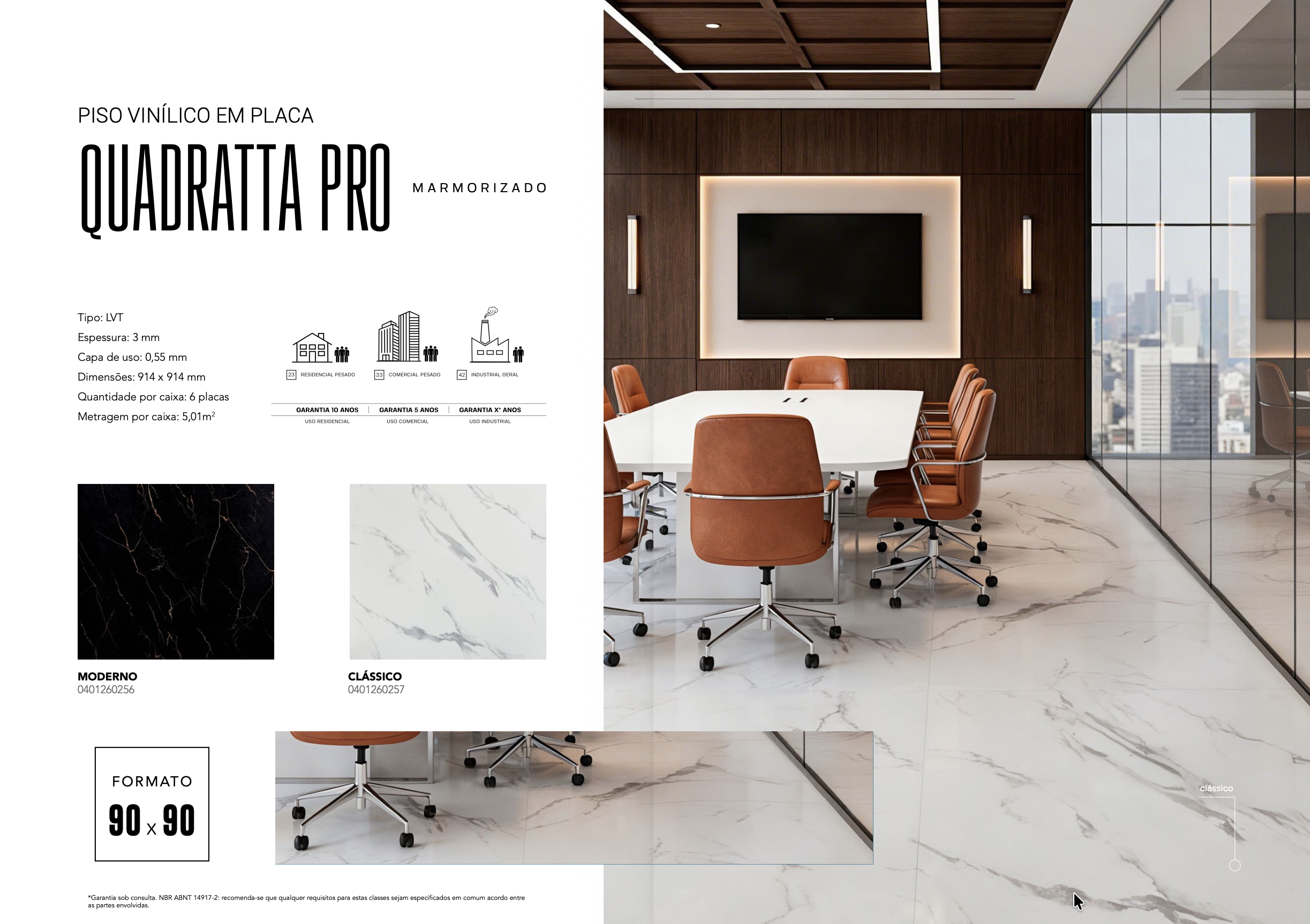 Piso vinílico LVT placa Finottato Quadratta Pro Marmorizado Moderno 401260256 3mm colado 914x914mm mármore preto veios brancos