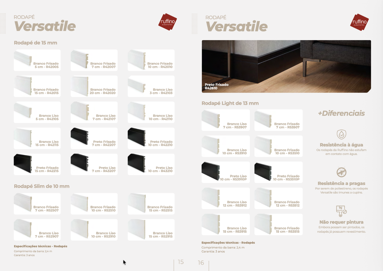 Rodapé poliestireno Ruffino Branco 15 cm Frisado 15 mm — 2,40m sem pintura