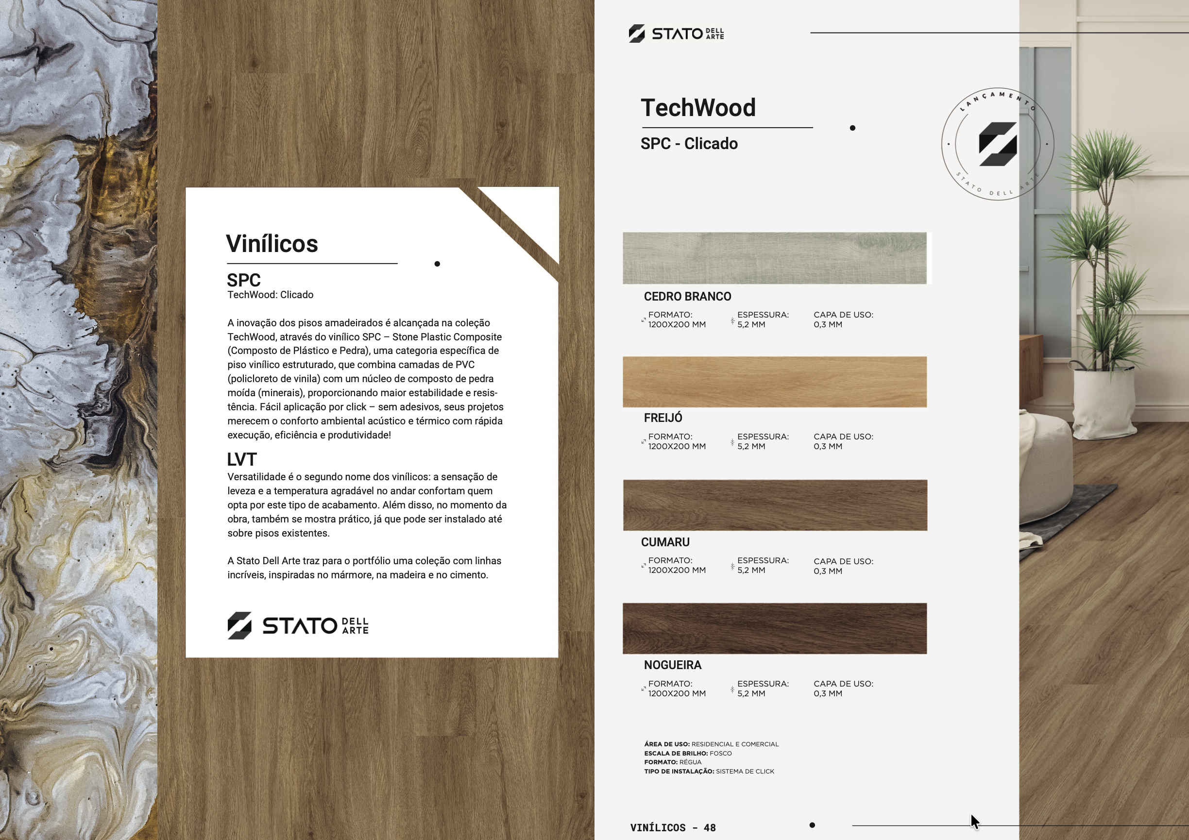 Piso vinílico SPC Stato Dell Arte TechWood Cedro Branco 400061 5,2mm clicado 1200x200mm fosco amadeirado
