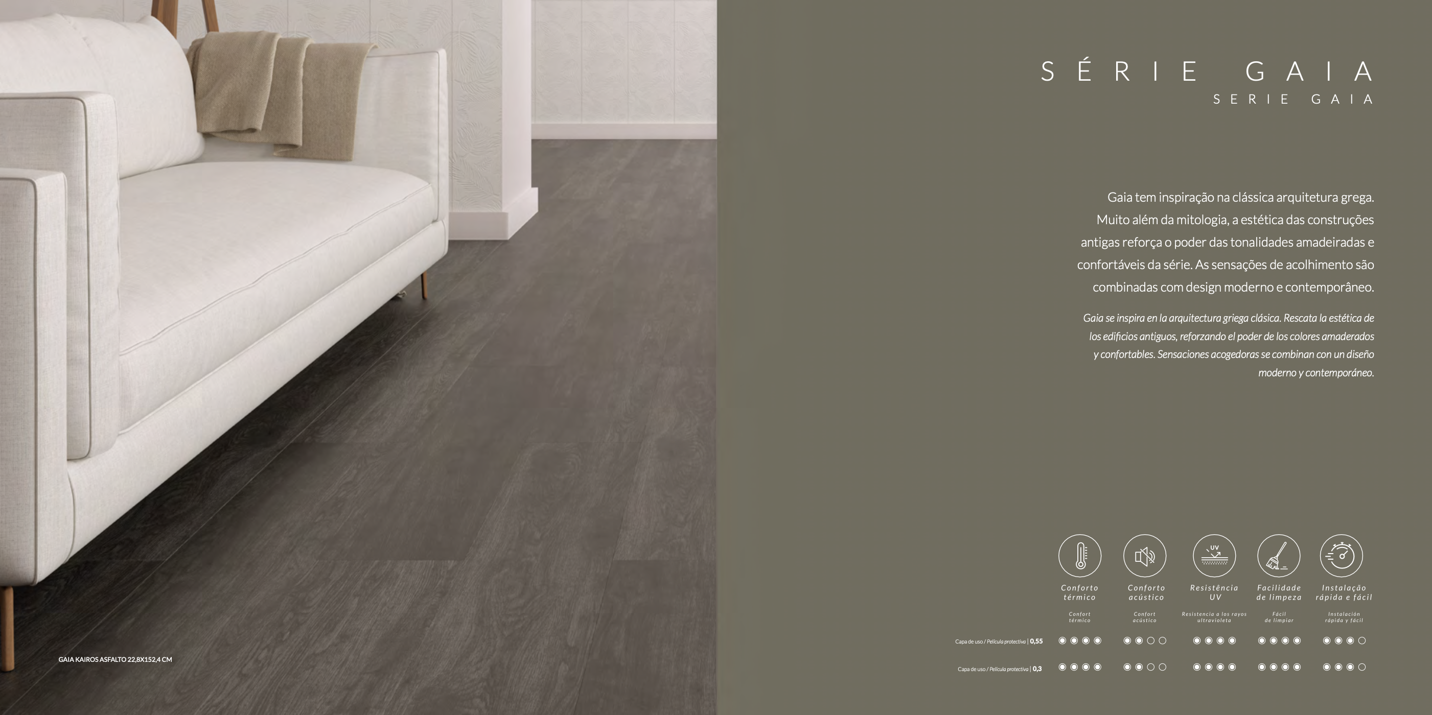 Piso vinílico LVT ElianeFloor Série Gaia Serenis Fendi 22,8×152,4cm 3mm capa 0,55mm